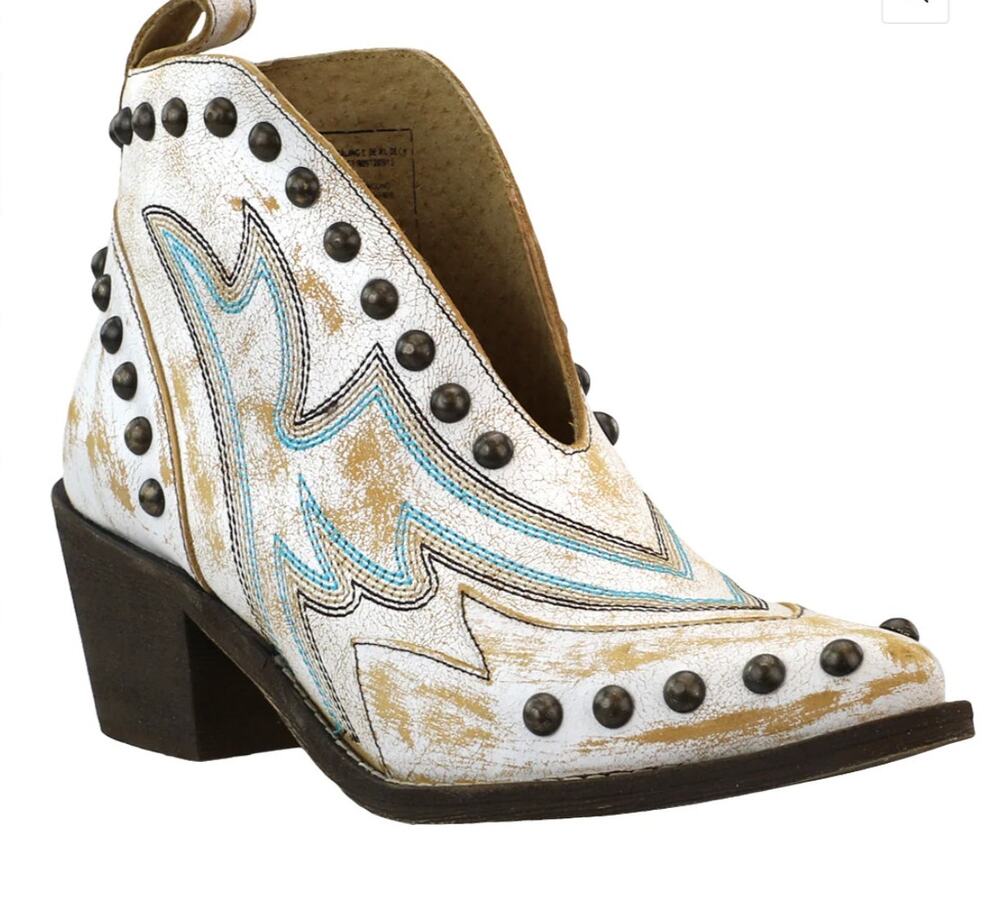 Circle G Studded Embroidered Pull On Cowboy Bootie PT White Leather Size 5 NIB